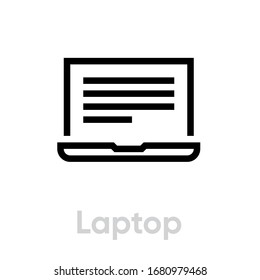 Laptop book read icon. Editable line vector. Rectangular sign display laptop horizontal line words. Single pictogram.