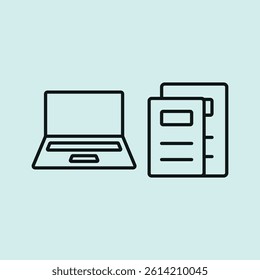 Laptop and book set icon symbolizes blended learning, digital study, and modern education environments. concept