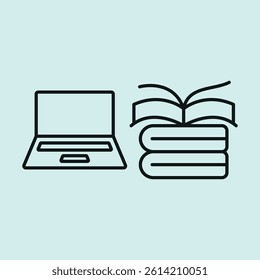 Laptop and book set icon symbolizes blended learning, digital study, and modern education environments. concept