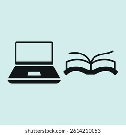 Laptop and book set icon symbolizes blended learning, digital study, and modern education environments. concept