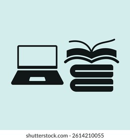 Laptop and book set icon symbolizes blended learning, digital study, and modern education environments. concept