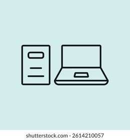 Laptop and book set icon symbolizes blended learning, digital study, and modern education environments. concept