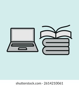 Laptop and book set icon symbolizes blended learning, digital study, and modern education environments. concept