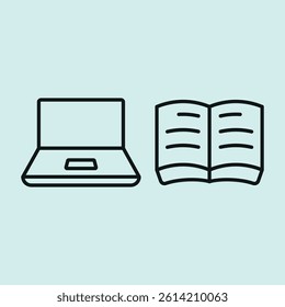 Laptop and book set icon symbolizes blended learning, digital study, and modern education environments. concept