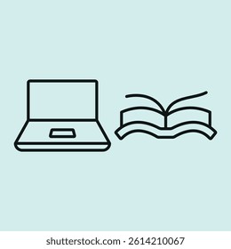 Laptop and book set icon symbolizes blended learning, digital study, and modern education environments. concept