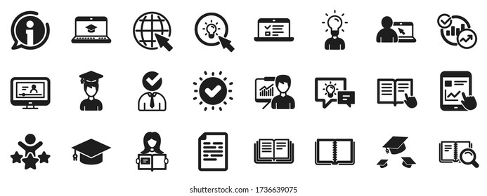 Laptop, Book and Video Tutorial icons. Education icons. Graduation cap, Instructions and Presentation. Education or Lectures book, Charts and Idea. Laptop, tablet device. Video tutorial. Vector