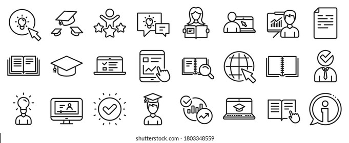 Laptop, Book and Video Tutorial icons. Education line icons. Graduation cap, Instructions and Presentation. College education or Lectures book, Charts and Idea. Laptop, video tutorial. Vector