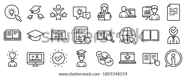 Laptop, Book and Video Tutorial icons. Education\
line icons. Graduation cap, Instructions and Presentation. College\
education or Lectures book, Charts and Idea. Laptop, video\
tutorial. Vector