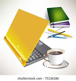 Portátil, libros y café