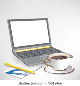 Laptop, Bücher und Kaffee. Vektorgrafik.