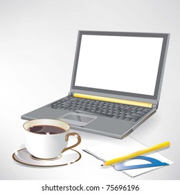 Portátil, Libros y Café. Ilustración vectorial.