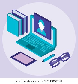 laptop and books education online tech vector illustration design