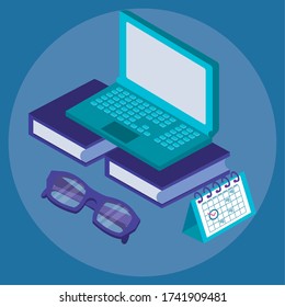 laptop and books education online tech vector illustration design