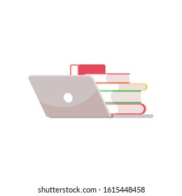 Laptop and books flat vector isolated illustration. Web digital library. Literature reading concept.