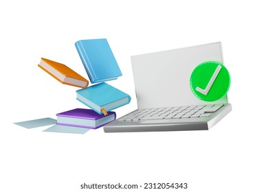 laptop with books floating beside and correct mark online education concept distant learning