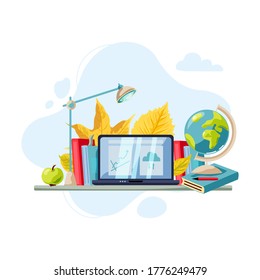 Laptop with books, globe, apple, fallen leaves. Welcome back to school concept. E-learning concept. Flat cartoon style design. Place for text on computer monitor. Vector illustration.