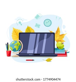 Laptop with books, globe, apple, pens, fallen leaves. Welcome back to school concept. E-learning concept. Flat cartoon style design. Place for text on computer monitor. Vector illustration.