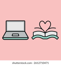 Laptop and books heart icon symbolizes love for learning, digital education, and passion for knowledge concept