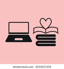 Laptop and books heart icon symbolizes love for learning, digital education, and passion for knowledge concept