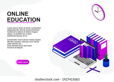 Laptop with the books. Modern online education concept. Home education. College homework. Studying at home with computer. Vector illustration
