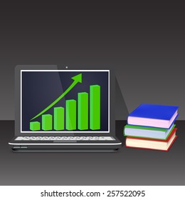 Laptop with books on black background growth chart vector