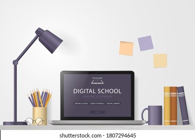 Laptop, books, pencils, lamp, coffee cup on desk. Online learning website page on computer screen. Distance e-learning education, digital school. Modern technologies in education. Vector illustration