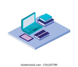 laptop with books and tablet icons vector illustration design