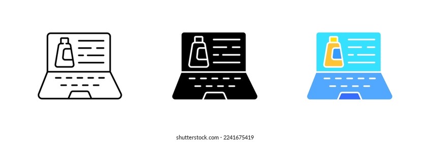 Laptop with bottle set icon. Water balance, Percentage of water in the body, humidity level, fog, rain, tear, drop, drink, percent sign, beverage, H20. Vector icon in line, black and colorful style