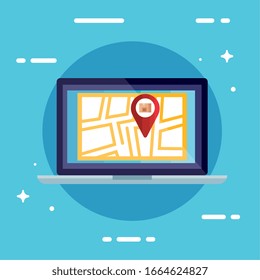 laptop with box inside gps mark and map design, Delivery logistics transportation shipping service warehouse industry and global theme Vector illustration