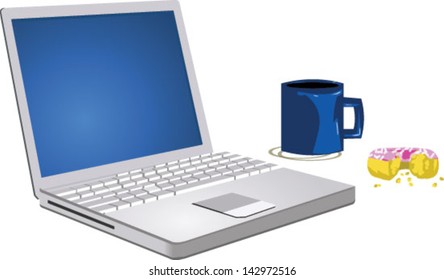 Laptop with breakfast - Vector clip art illustration on white background