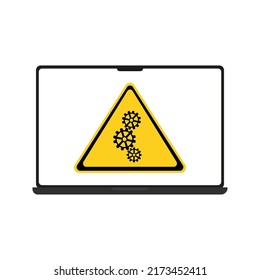 The laptop is broken. An error message on the computer. Concept of viruses, piracy, hacking and security. Vector illustration.