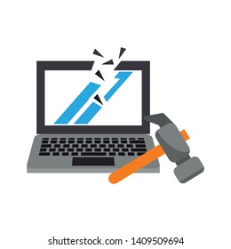 Laptop broken with hammer blue lines vector illustration graphic design