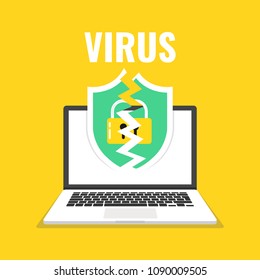 Laptop with a broken shield on the screen. Concept of virus, piracy, hacking and security. Vector illustration.