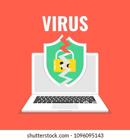 Laptop with a broken shield on the screen. Concept of virus, piracy, hacking and security. Vector illustration.
