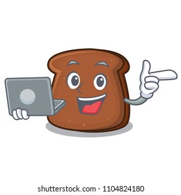 With laptop brown bread character cartoon