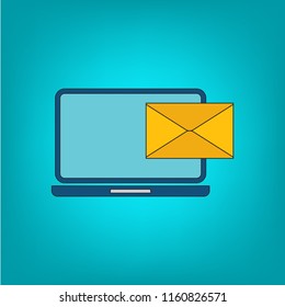 Laptop with browser and envelope vector illustration, symbol of email receiving, service, notification, electronic mail, new message, flat cartoon design