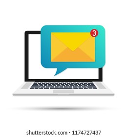 Laptop with browser and envelope vector illustration, symbol of email receiving, service, notification. Vector stock illustration.