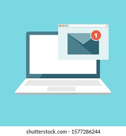 Laptop with browser and envelope vector illustration. Email receiving, service, notification, electronic mail, new message, flat illustration design isolated on blue - stock vector