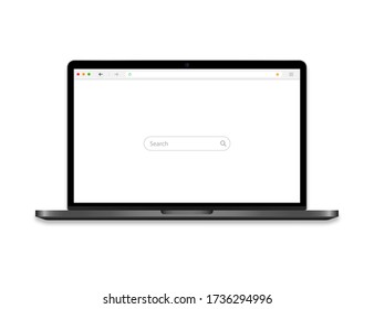 Laptop with browser on screen. Computer icon with search bar and magnifier. Notebook mockup with web interface. Desktop template with blank web site. Simple design of browser in laptop. Vector EPS 10.