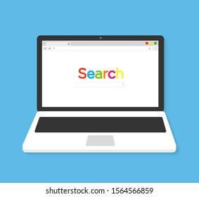 Laptop with browser and search bar in flat style. Vector illustration.