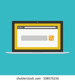 Laptop with browser and search bar. Search on the Internet. Vector illustration