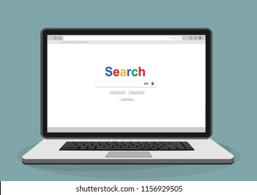 Laptop with browser. Search. Vector illustration in flat design.