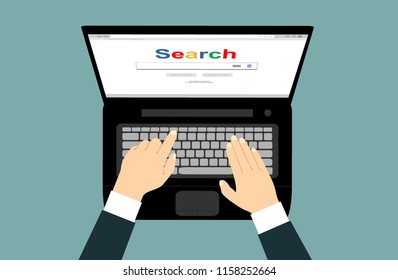 Laptop with browser. Search. Vector illustration in flat design.