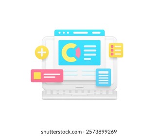 Laptop browser workflow data business analyzing 3d icon realistic vector illustration. Workspace cyberspace analysis computer web digital technology chart graph diagram infographic information