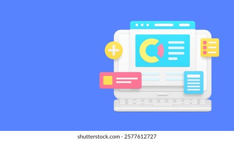 Laptop browser workflow data business analyzing banner copy space vector illustration. Workspace cyberspace analysis computer web digital technology chart graph diagram infographic information