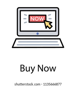 
Laptop browsing an online shopping portal and tapping over now button, cute icon for buy now
