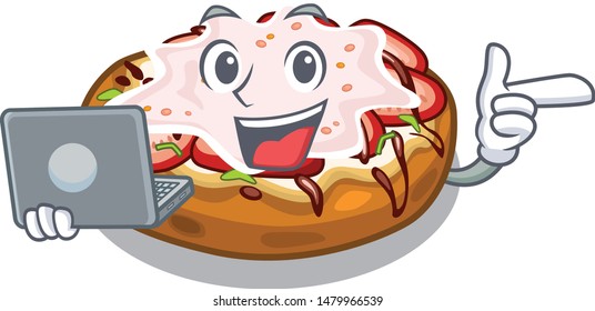 With laptop bruschetta served above the mascot board