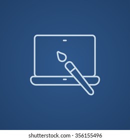 Laptop and brush line icon for web, mobile and infographics. Vector light blue icon isolated on blue background.