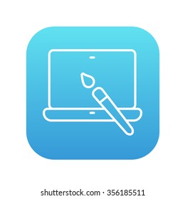 Icono de línea de portátil y pincel para web, móvil e infografía. Icono de blanco vector en el cuadrado de gradiente azul con esquinas redondeadas aisladas en fondo blanco.