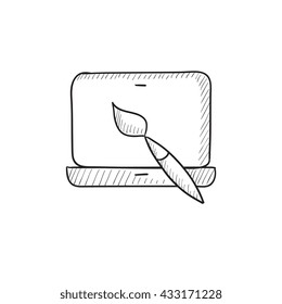 Laptop and brush vector sketch icon isolated on background. Hand drawn Laptop and brush icon. Laptop and brush sketch icon for infographic, website or app.